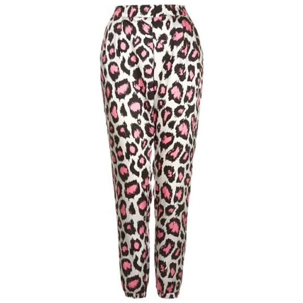 Topshop Gray &‎ Pink Leopard Tapered Leg Satin Joggers 6